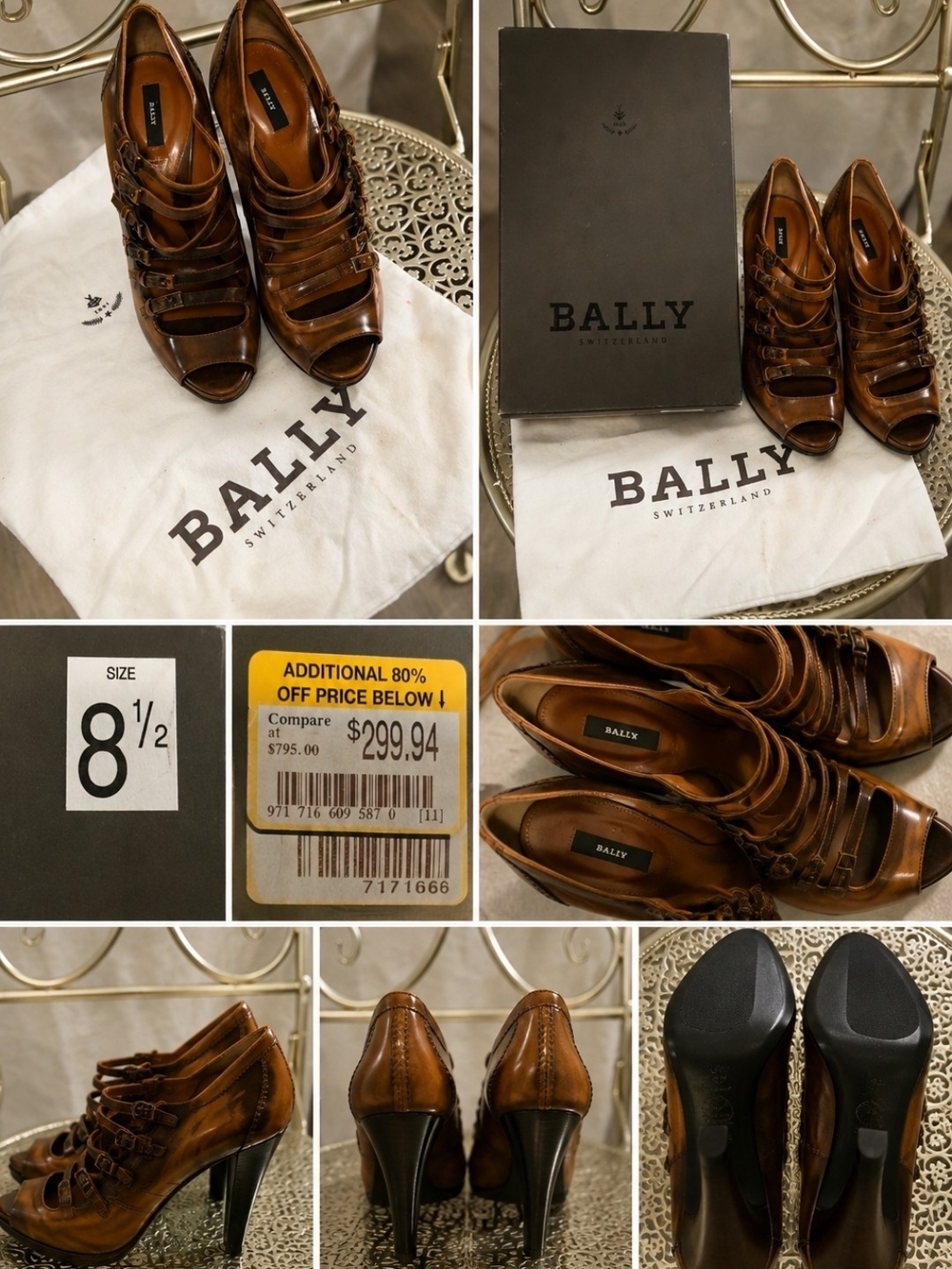 Bally Women's Brown Leather Strappy Peep-Toe Heels - Size 8.5